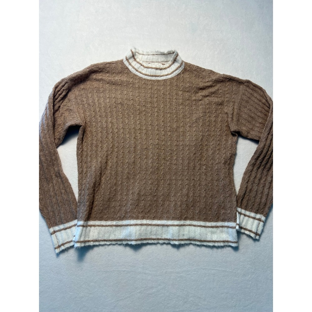 Cato M Sweater Preppy Cottagecore Tan White Stripe Mock Neck Cable Knit Academia